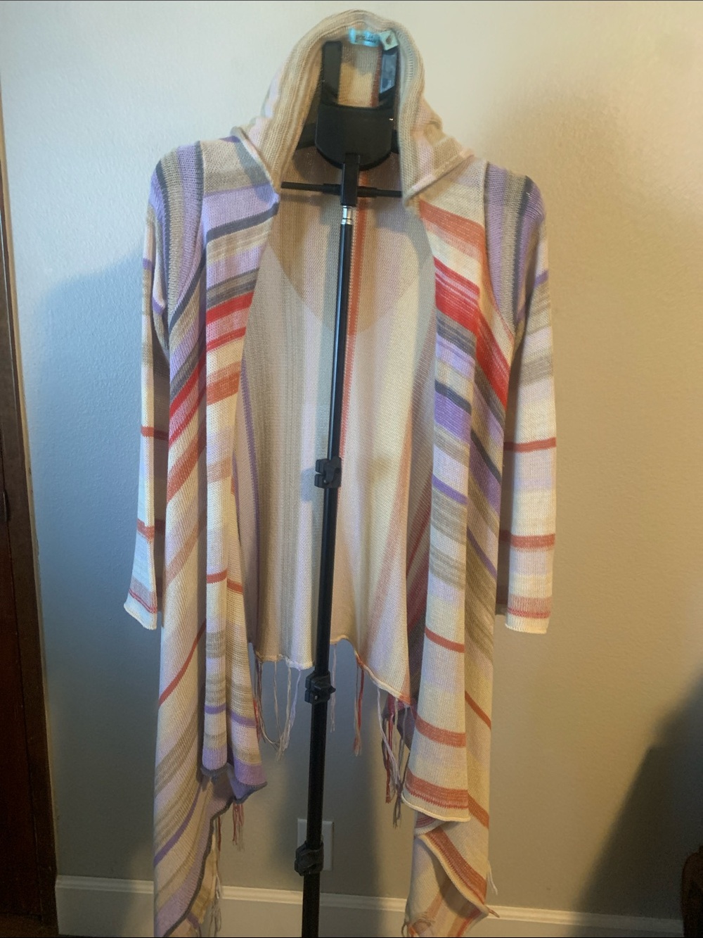 Hooded Open-Front Stripe Cardigan Poncho - Cream, Lavender & Coral
